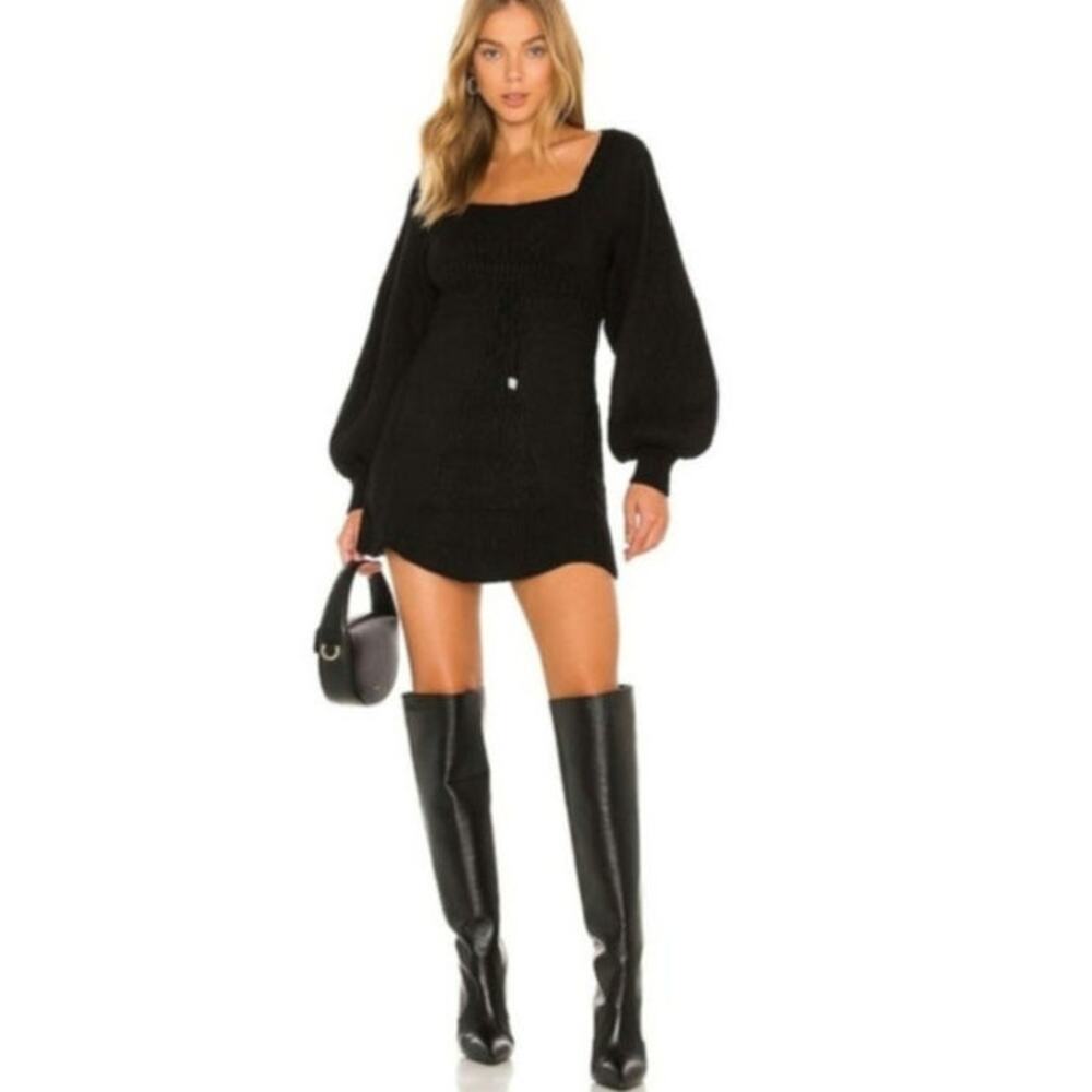 Free People Emmaline Mini Sweater Dress Black XS Cable Knit Balloon Sleeve Fall